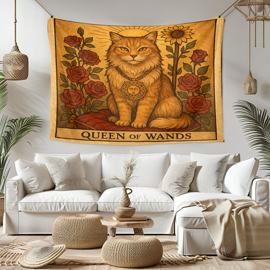 Queen of Wands Cat Tapestry – Tarot-Inspired Cat Wall Art, Boho Mystic Decor, Empowering Tapestry for Bedroom, Living Room or Altar