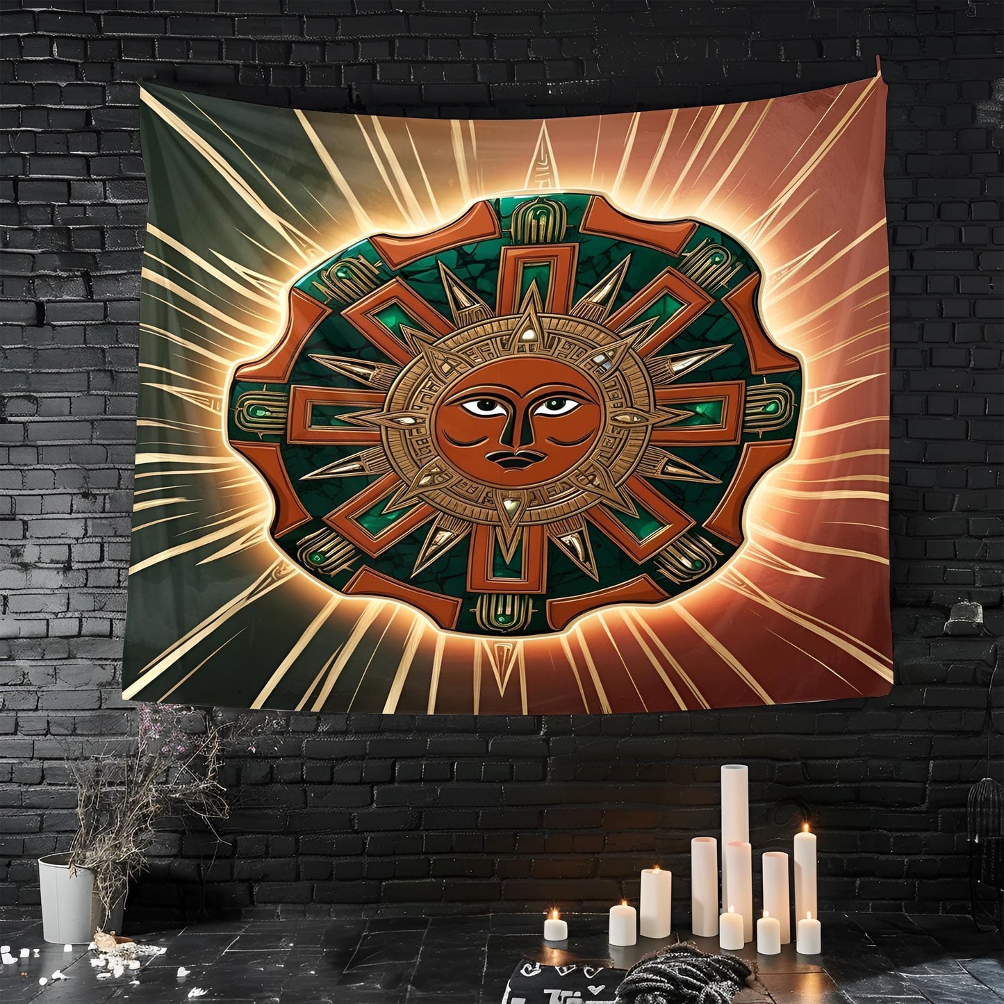 Aztec Sun Stone Tapestry with Intricate Symbols, Tribal Jaguar Motifs & Geometric Lines in Terracotta, Gold Dark Green Tones