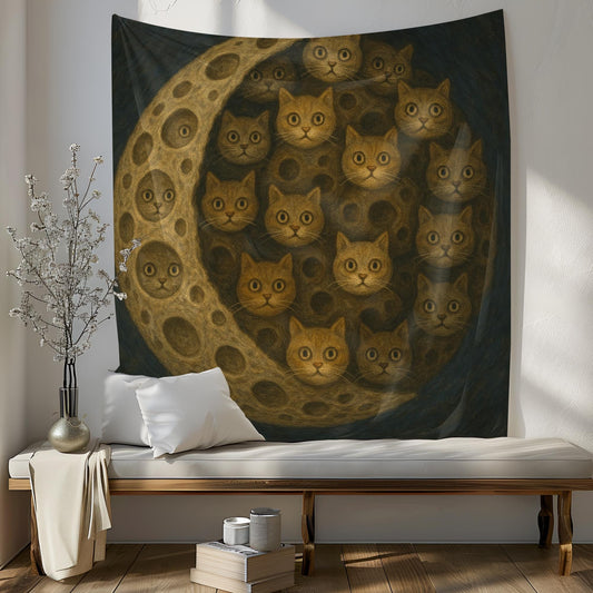 Cat Moon Tapestry Optical Illusion Wall Art, Surreal Feline Print For Cat Lovers, Trippy Dorm Room Decor, Mystical Bedroom Accent Gift