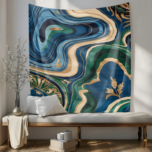 Ebru Marbling Tapestry, Fluid Swirling Pattern Wall Hanging, Deep Blue Emerald Green Gold Decor, Vintage Rug Motif Art, Room Tapestry