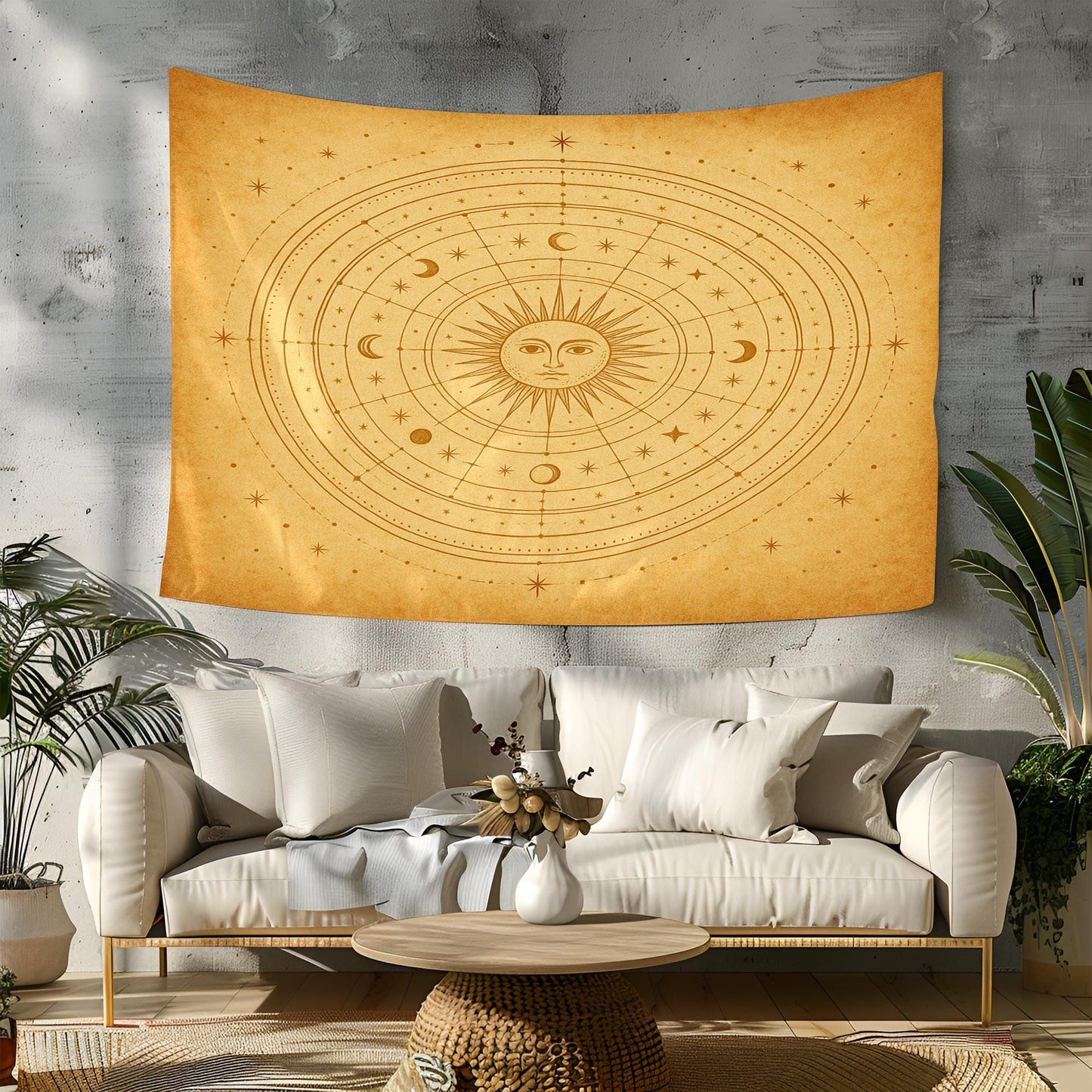 Mystical Celestial Wall Tapestry with Sun Moon Phases and Star Map – Vintage Beige Astrological Wall Art for Boho Bedroom or Meditation