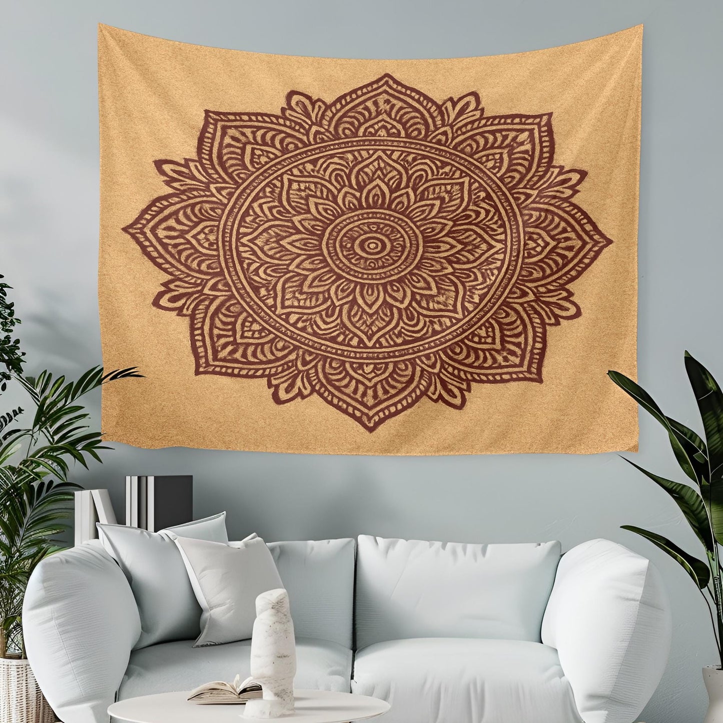 Minimalist Boho Mandala Tapestry – Beige and Brown Lotus Wall Hanging for Meditation, Bedroom, or Yoga Space, Boho Tapestry, Indian Mandala