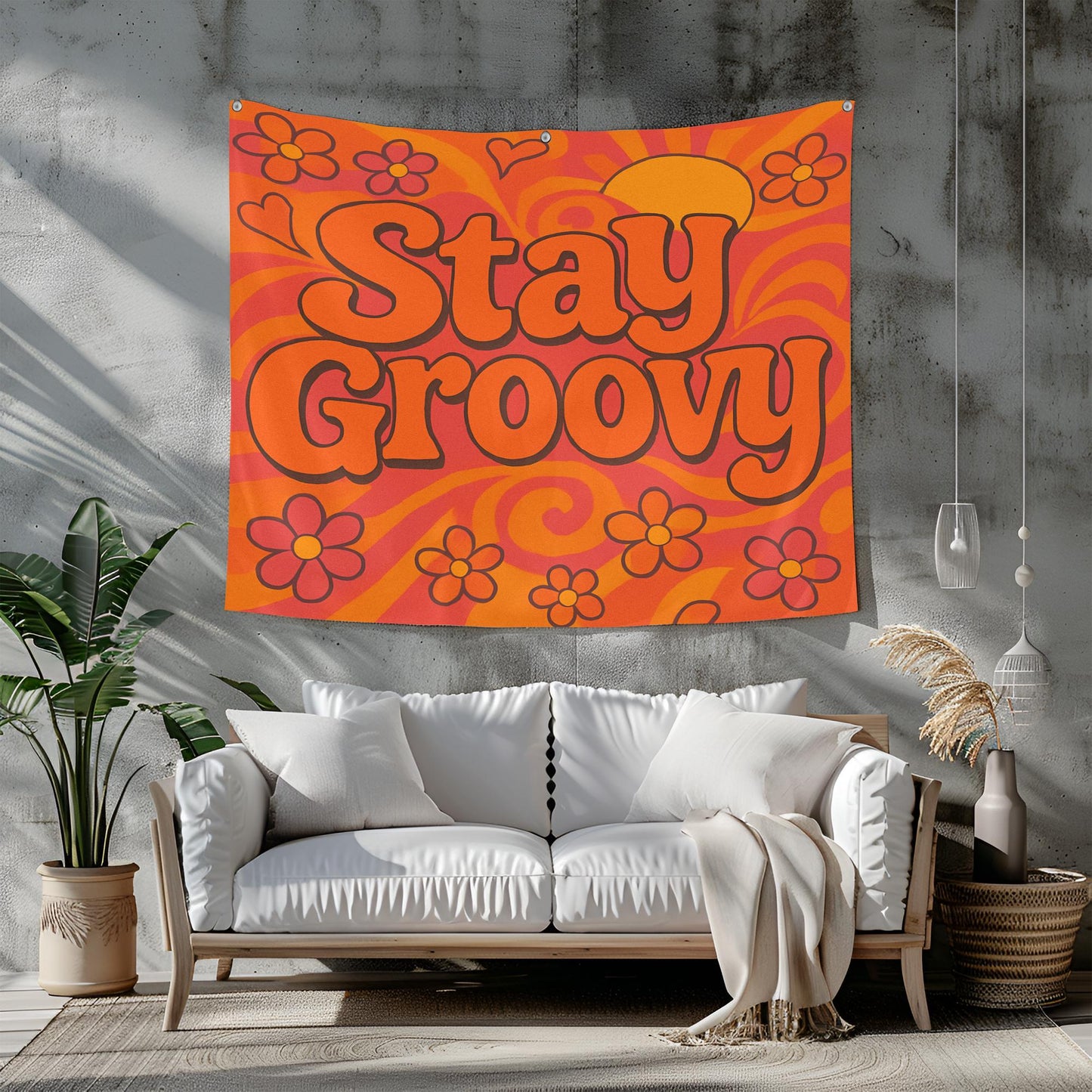 Stay Groovy Retro Tapestry, 70s Curvy Typography With Floral Swirl Background, Orange Pink Sunshine Vibe Wall Art, Gift For Her Or Him