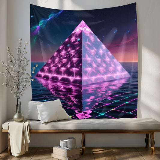 Neon Crystal Pyramid Tapestry, Floating Cosmic Light Prism, Glowing Rainbow Reflections, Geometric Energy Patterns Art, Trippy Tapestry