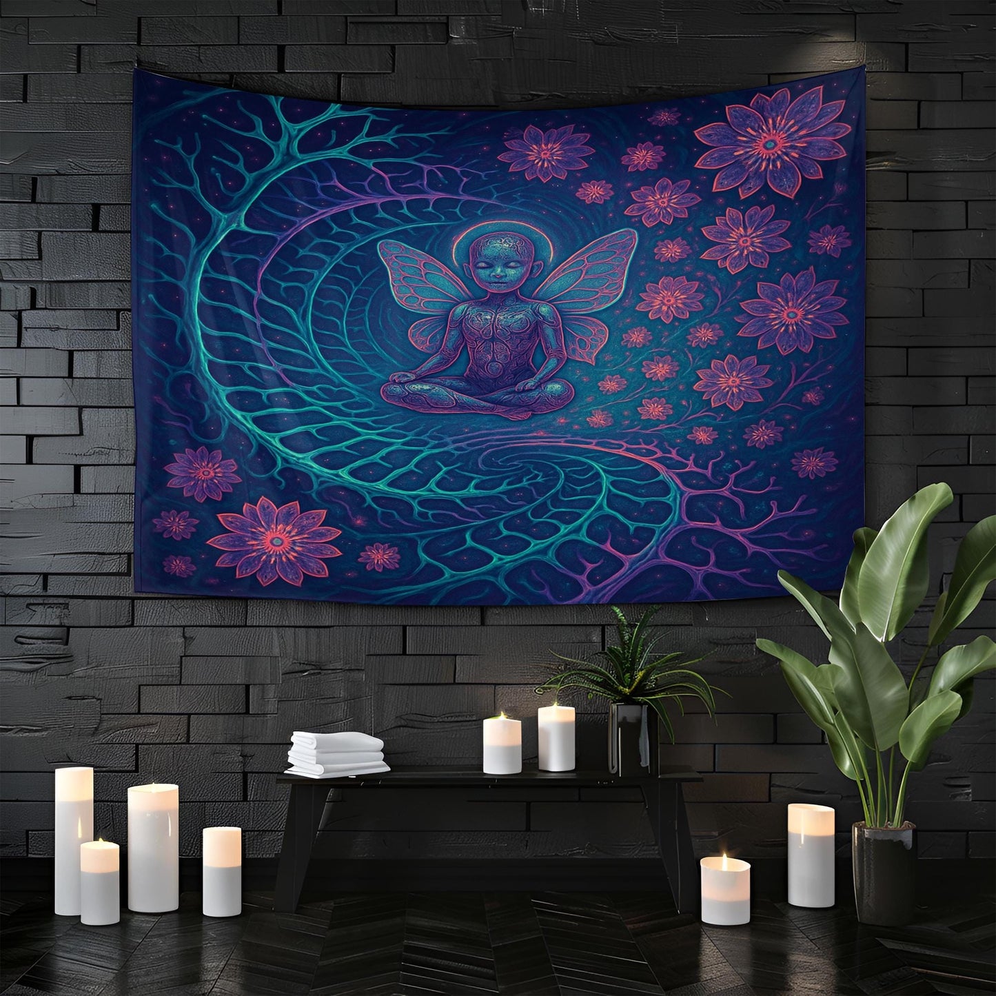 Fairy Child Tapestry – Psychedelic Meditating Kid Wall Art, Trippy Nature Spirit Decor, Mystical Flower Swirl Print, Spiritual Room Art