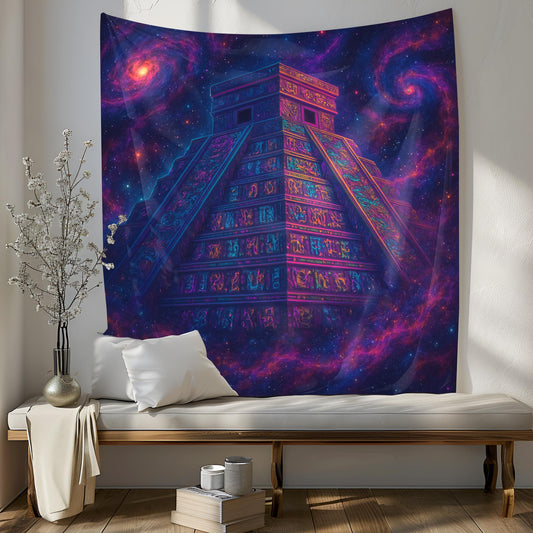 Ancient Space Temple Tapestry, Neon Hieroglyph Wall Art With Galaxies And Cosmic Dust, Trippy Psychedelic Decor, Gift For Him Or Her
