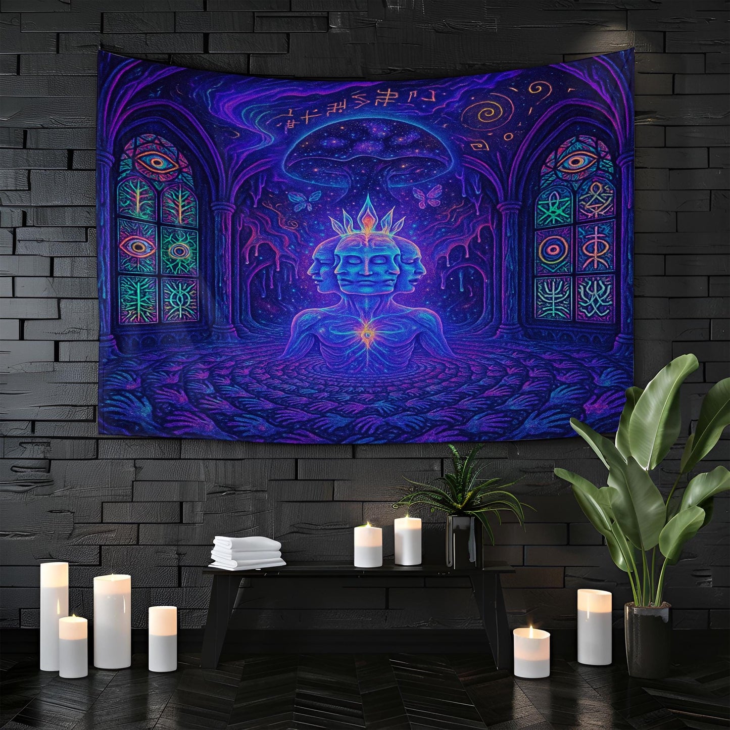 Psychedelic Wall Tapestry – Trippy Spiritual Art, Cosmic Meditation Decor, Visionary 3-Headed Deity Wall Hanging, Boho Room Aesthetic, Dorm