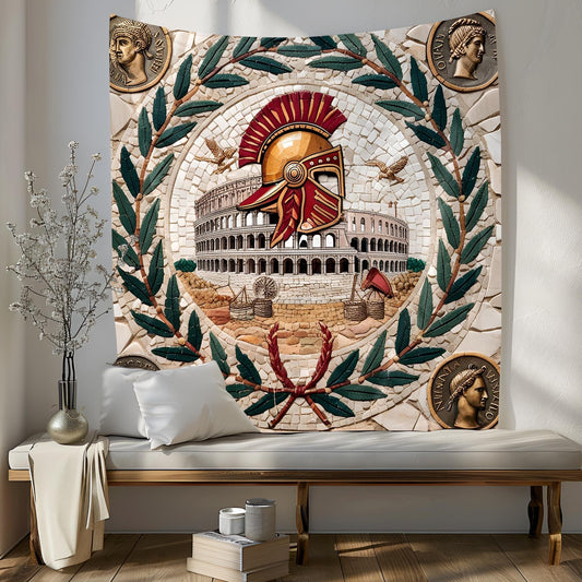 Roman Mosaic Tapestry with Gladiator Helmets, Laurel Wreaths, Colosseum & Ancient Coin Details, Marble Texture Classical Wall Art