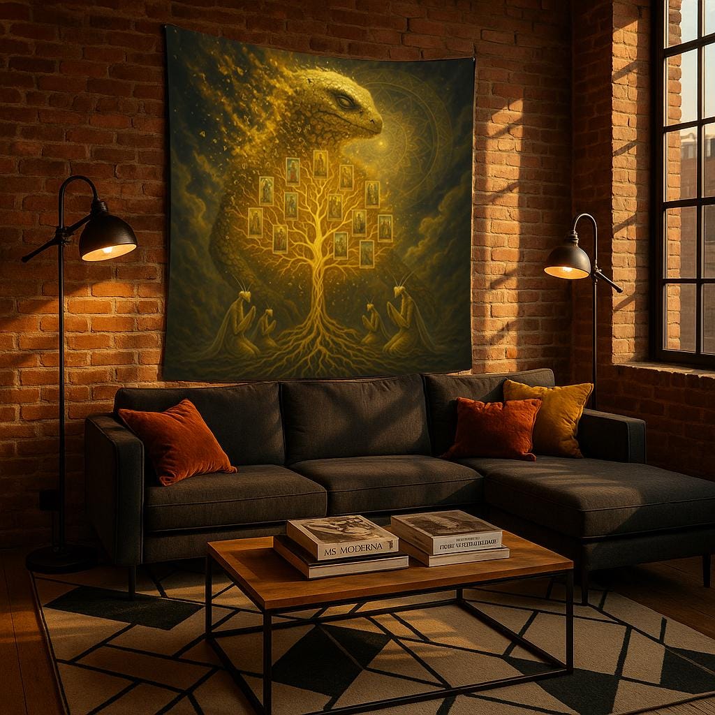 Golden Tree Tapestry – Visionary Reptilian Wall Art, Fantasy Ancestral Tree Decor, Psychedelic Alien Gods Tapestry, Spiritual Dream Art