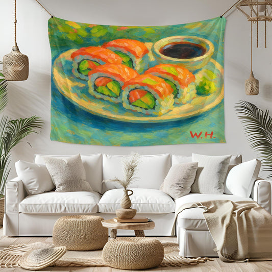 Colorful Sushi Wall Tapestry, Japanese Food Art Print with Soy Sauce Bowl, Vibrant Kitchen or Dining Room Decor for Sushi and Art Lovers