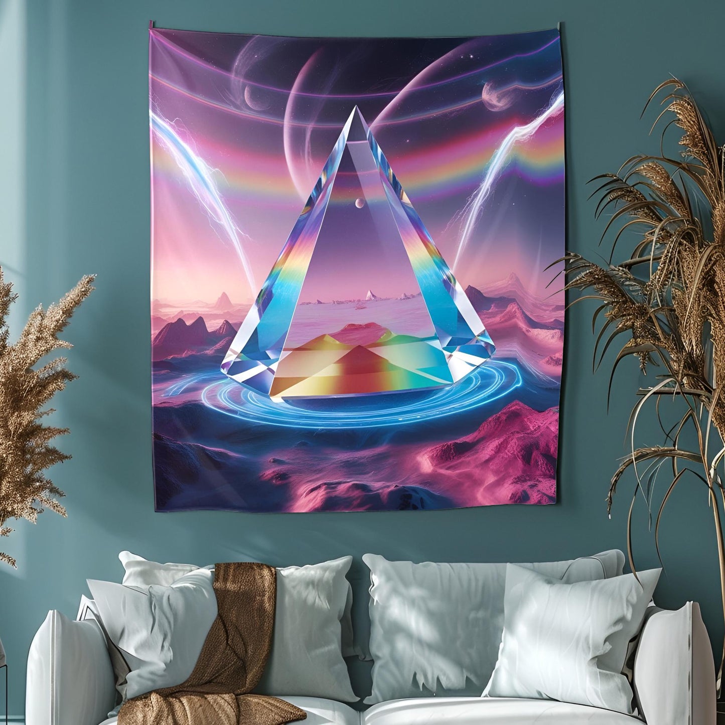 Giant Transparent Crystal Prism Tapestry, Floating in Surreal Dreamscape, Refracting Rainbow Light & Cosmic Energy Waves, Neon Psychedelic