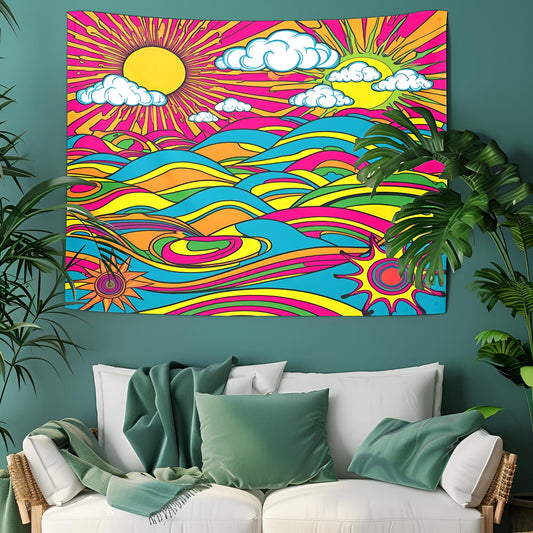70s Psychedelic Landscape Tapestry, Neon Rolling Hills & Swirling Clouds, Groovy Sunburst Retro Wall Art, Trippy Vintage Decor , Trippy Deco