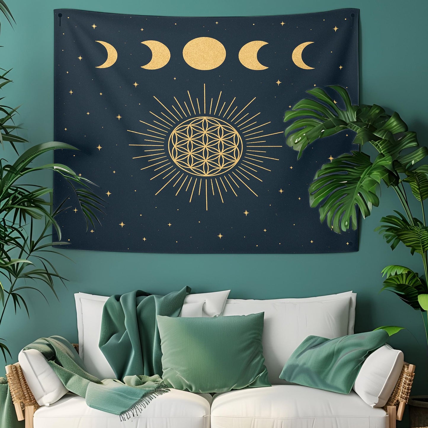 Celestial Moon Phase Wall Tapestry with Sacred Geometry and Stars in Gold on Black – Boho Spiritual Decor for Bedroom Yoga or Meditation