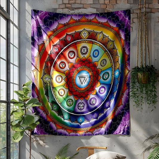 Vibrant Chakra Mandala Tapestry, Seven Energy Centers Wall Hanging, Spiritual Healing Decor, Colorful Yoga Meditation Art