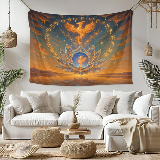 Phoenix Lotus Tapestry – Spiritual Rebirth Wall Art, Crystal Flower Sky Scene, Celestial Fire Bird Decor, Mystical Awakening Print