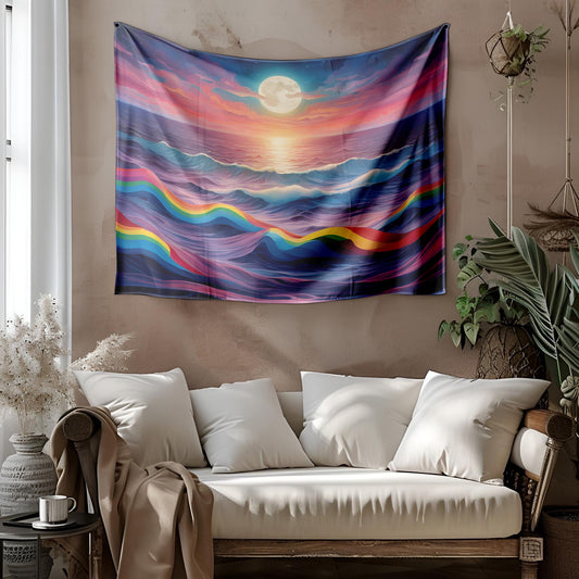 Surreal Rainbow Ocean Tapestry - LGBT Pride Wall Hanging - Dreamy Moonlit Sea Waves - Colorful Aesthetic Room Decor - LGBT Gift