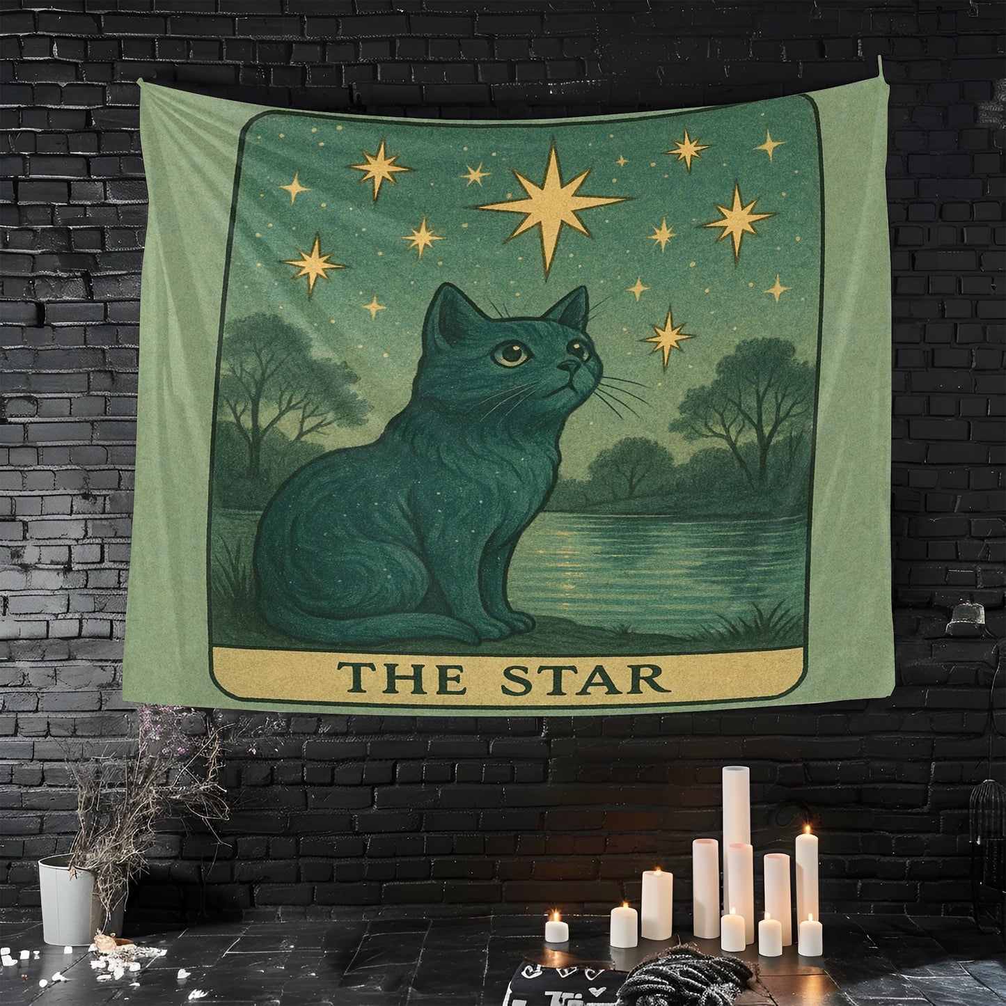 The Star Cat Tapestry – Celestial Tarot Wall Art, Mystical Cat Tapestry for Boho, Spiritual or Dorm Room Decor, Tarot Cat Tapestry