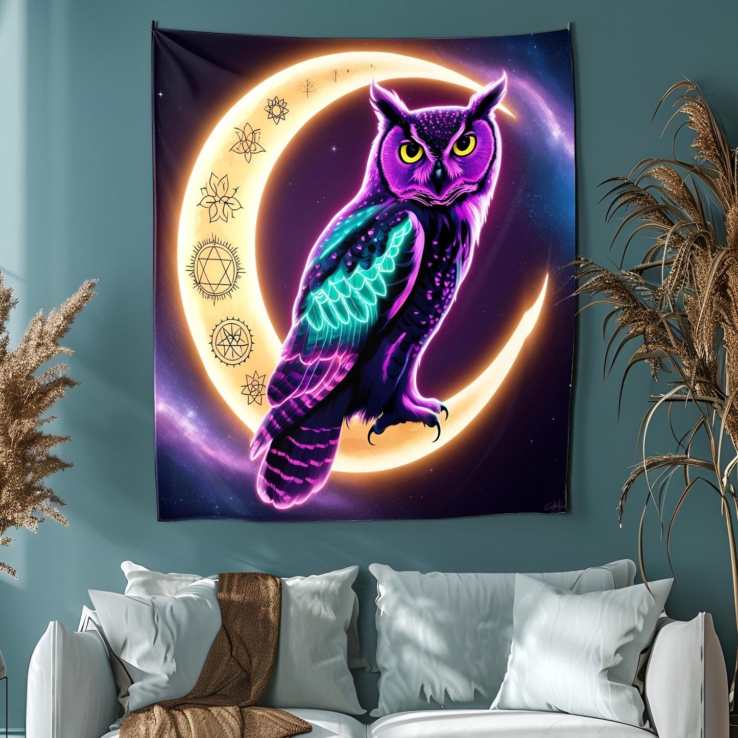Neon Owl on Crescent Moon Tapestry, Glowing Feathers & Sacred Symbols, Celestial Cosmic Dust Wall Art,Trippy Tapestry, Psychdelic Decor
