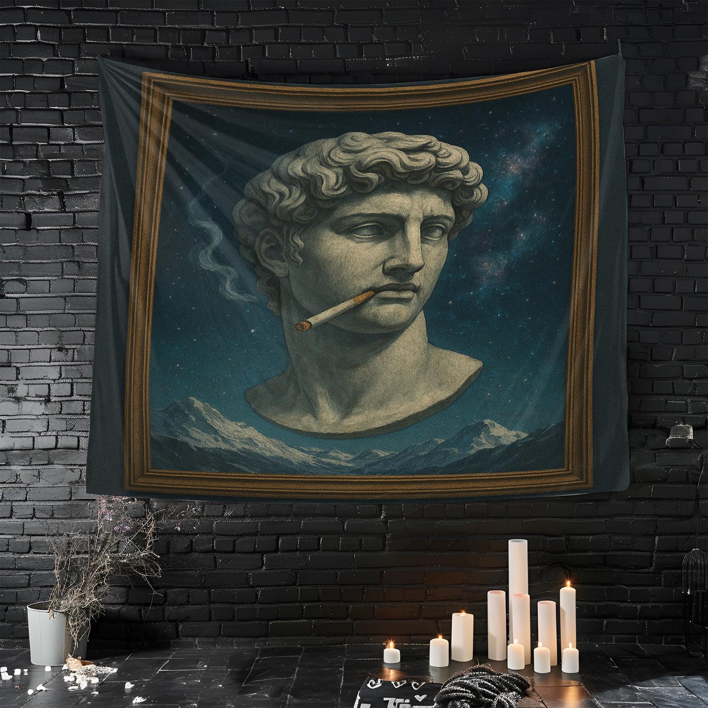 Greek Statue Smoking In Space Tapestry, Framed Art With Cosmic Sky And Mountain Merge, Surreal Retro Aesthetic Wall Art, Gift For Him Or Her