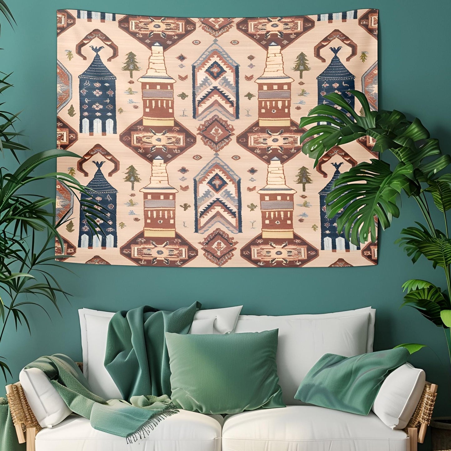 Cappadocia Turkish Tapestry, Fairy Chimneys Wall Hanging, Anatolian Rug Pattern Decor, Dusty Rose Terracotta Deep Blue Art