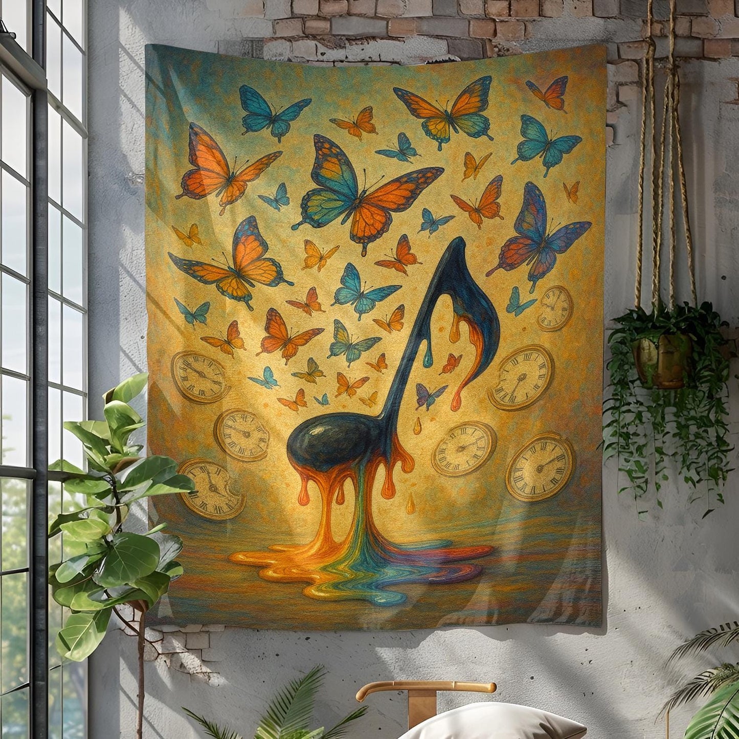 Melting Music Note Tapestry With Rainbow Drip, Surreal Clocks And Butterflies Dreamscape Wall Art, Trippy Retro Gift For Music Lovers