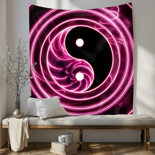 Massive Glowing Yin Yang Tapestry, Neon Swirling Light Trails, Infinite Fractal Reflections, Ultra HD Psychedelic Balance Symbol Wall Art