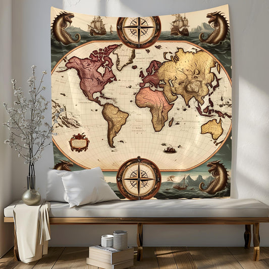 Antique World Map Tapestry with Aged Parchment Texture, Compass Roses & Sea Monsters, Vintage Nautical Exploration Wall Art ,  Historical