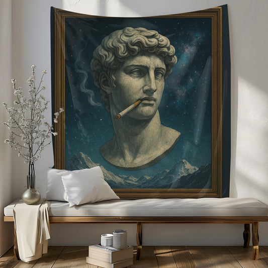 Greek Statue Smoking In Space Tapestry, Framed Art With Cosmic Sky And Mountain Merge, Surreal Retro Aesthetic Wall Art, Gift For Him Or Her