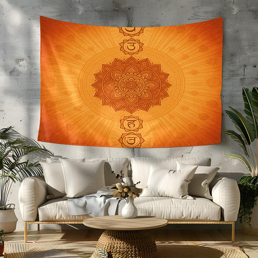 Chakra Wall Tapestry in Orange with Mandala and Symbol Design – Spiritual Boho Decor for Meditation, Yoga, Healing and Mindful Living