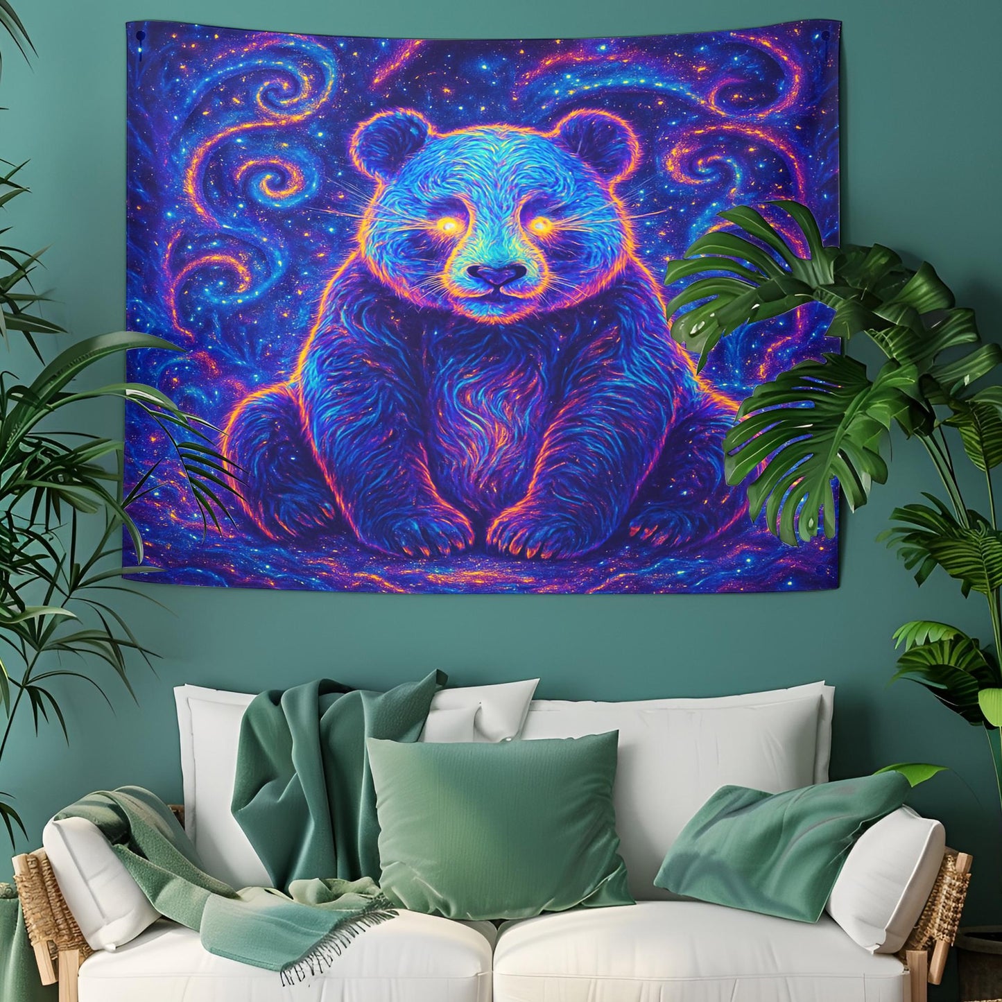 Glowing Neon Panda Sitting in Cosmic Forest Surrounded by Galaxy Fragments with Radiant Eyes in Surreal Psychedelic Aesthetic Tapestry