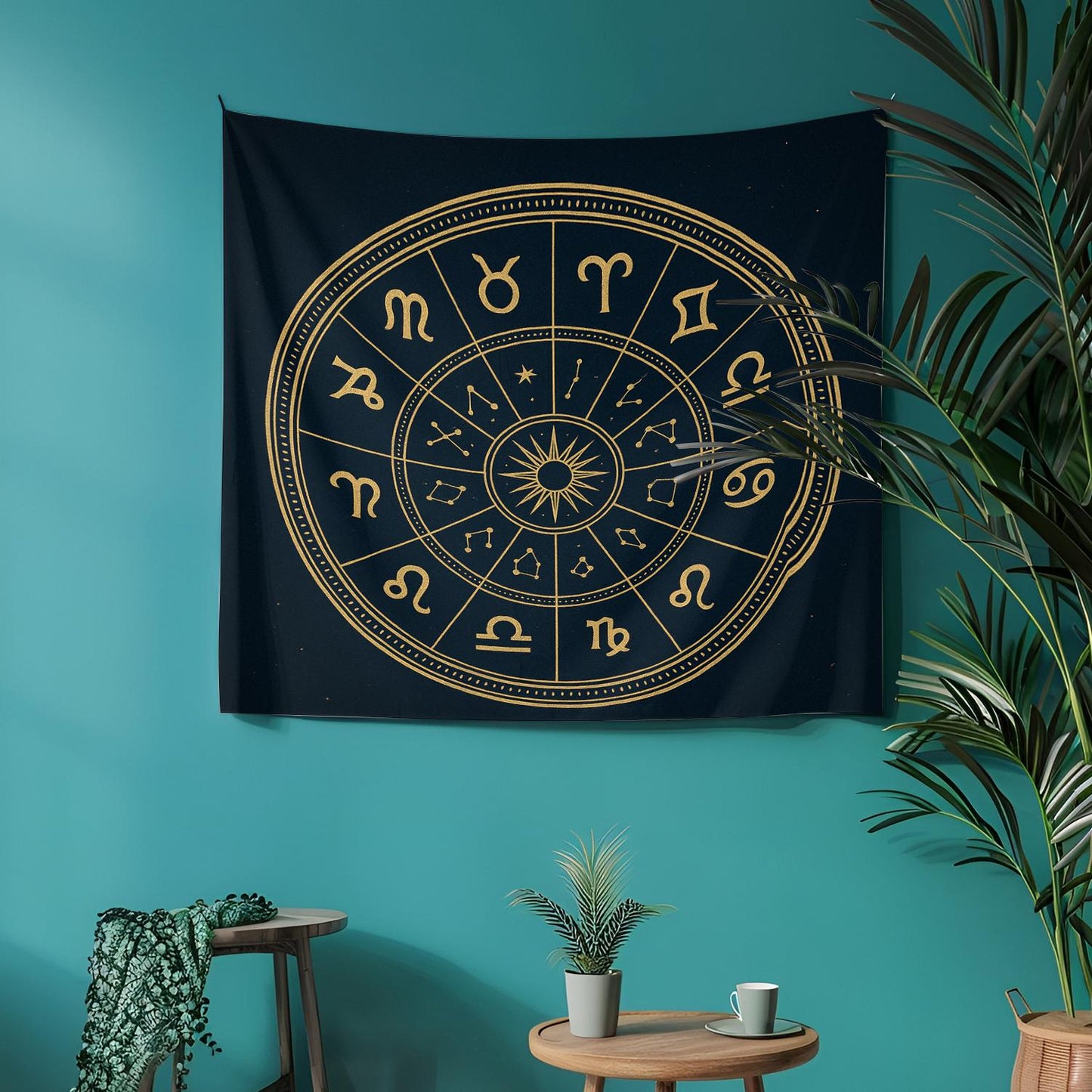 Golden Zodiac Sign Tapestry with Astrological Constellations – Boho Celestial Wall Decor for Astrology Enthusiasts and Spiritual Spaces