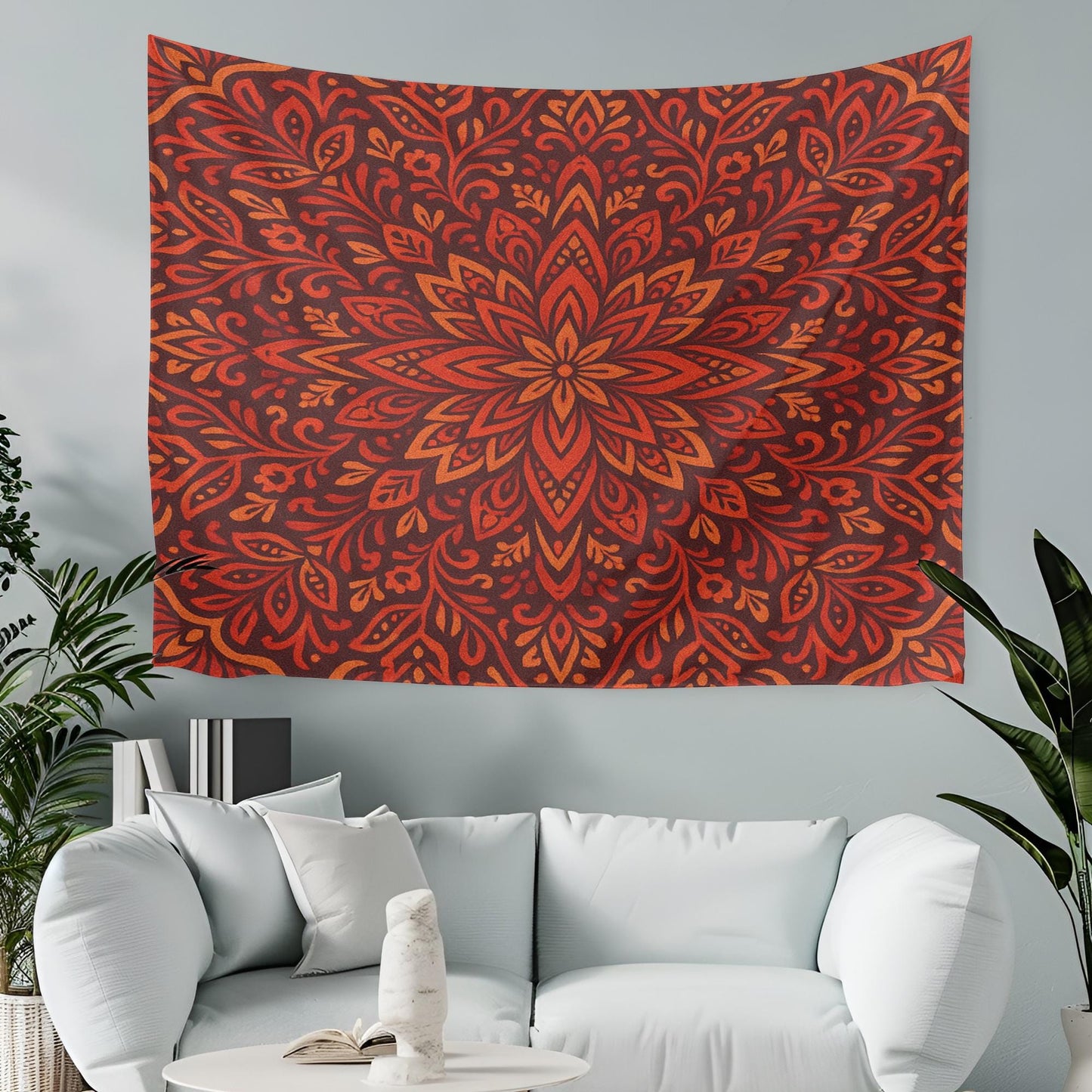 Red and Orange Boho Mandala Tapestry – Vibrant Floral Wall Hanging for Living Room or Dorm, Ethnic Spiritual Room Decor with Warm Tones