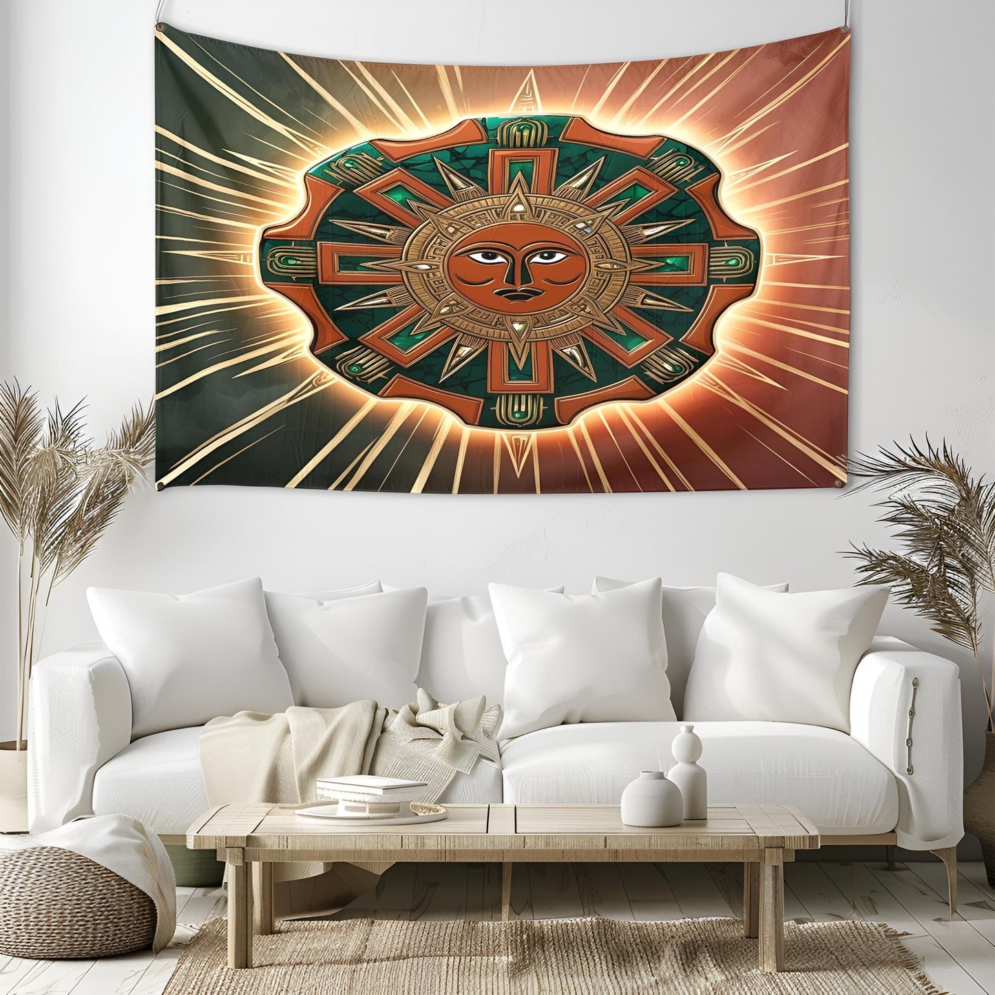 Aztec Sun Stone Tapestry with Intricate Symbols, Tribal Jaguar Motifs & Geometric Lines in Terracotta, Gold Dark Green Tones