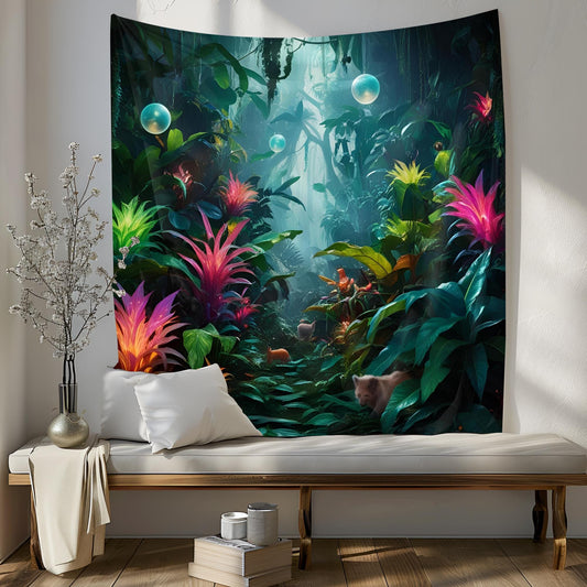 Mystical Glowing Jungle Tapestry, Enchanted Forest Wall Art, Multicolored Plants & Floating Orbs, Dreamy Surreal Decor, Psychedelic Tapestry
