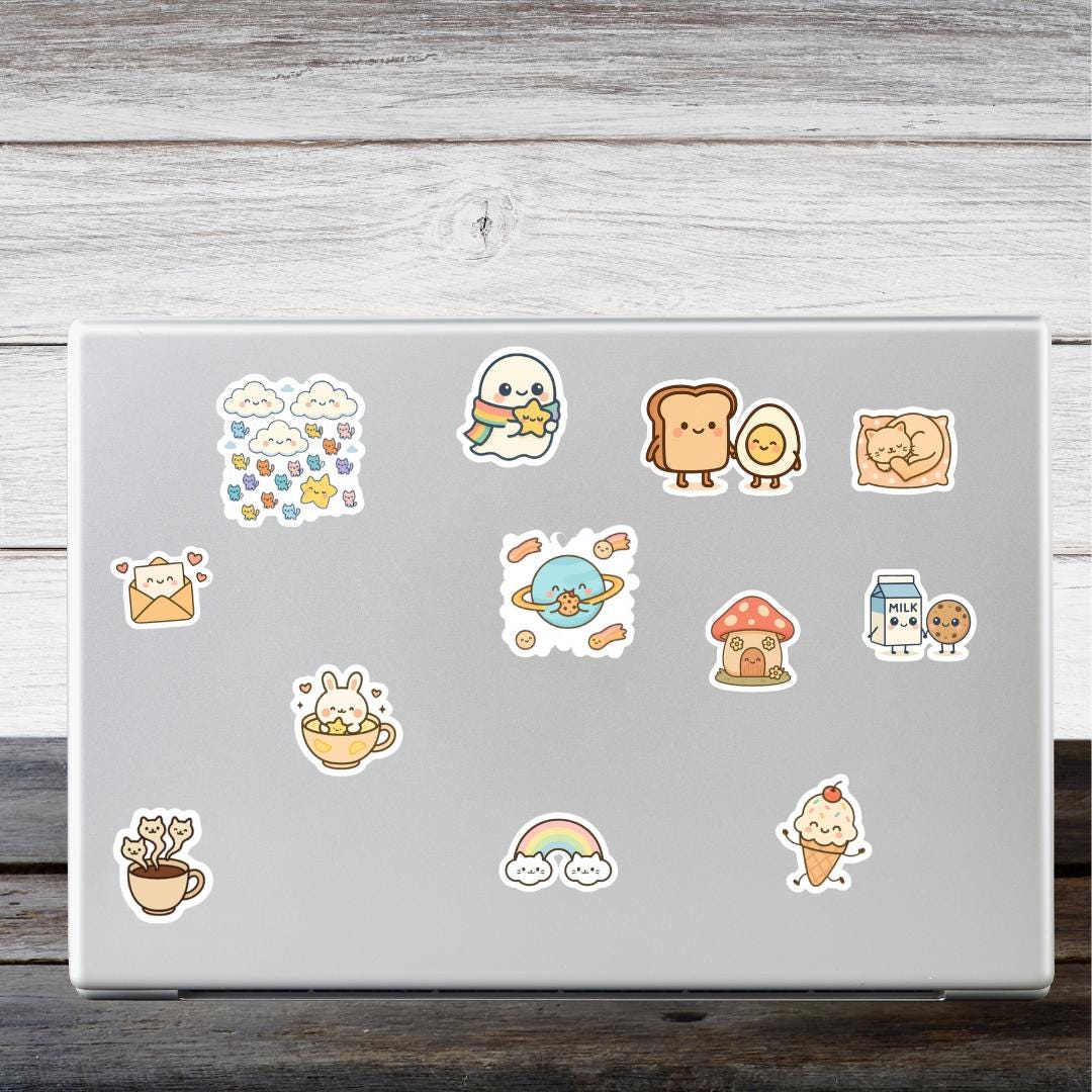 Kawaii Sticker Pack Bundle of 12 Cute Aesthetic Stickers for Journaling Scrapbooking Laptops Water Bottles and Gift Ideas