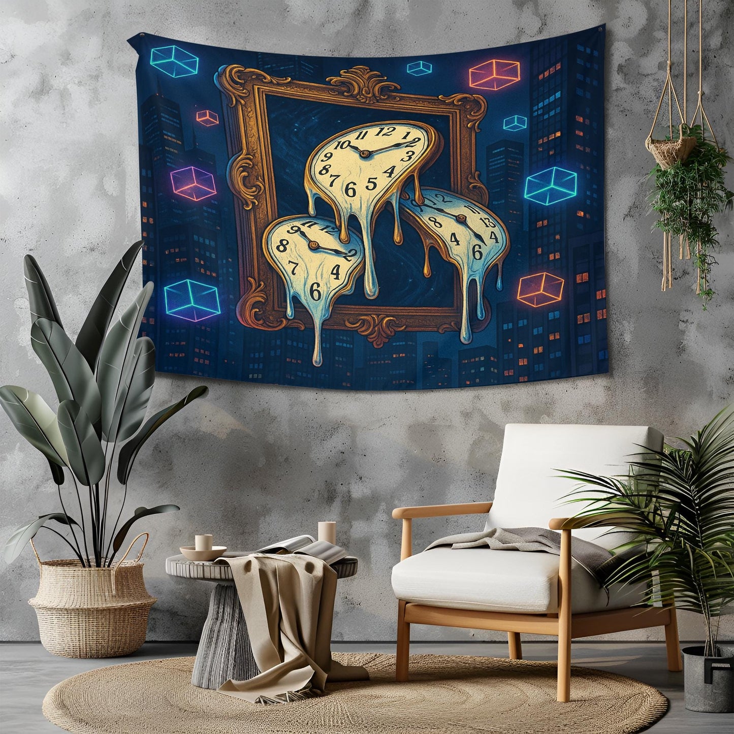 Melting Clocks Tapestry With Floating Neon Cubes, Surreal Cityscape Wall Art, Ornate Frame Time Warp Design, Trippy Gift For Him Or Her