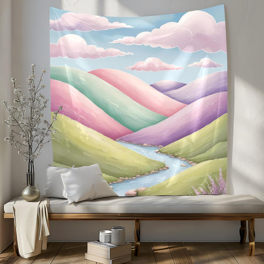 Pastel Rolling Hills Tapestry, Soft Pink Mint Green Lavender Landscape, Gentle Watercolor Clouds & Winding Rivers, Dream Nature Art Tapestry