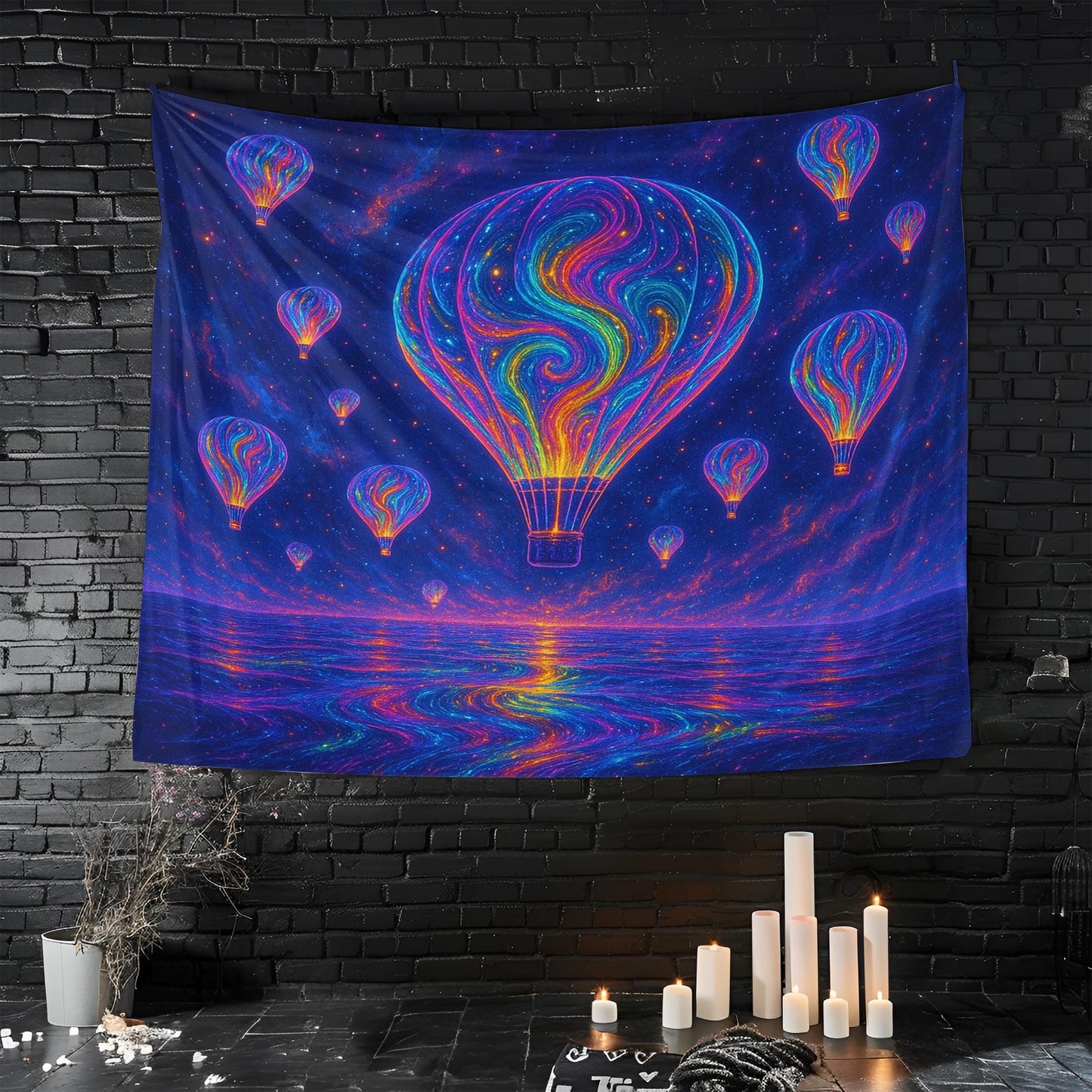 Glowing Neon Hot Air Balloons Floating Above a Cosmic Sea Reflecting Infinite Swirling Colors with Dreamy Psychedelic Ultra HD Aesthetic
