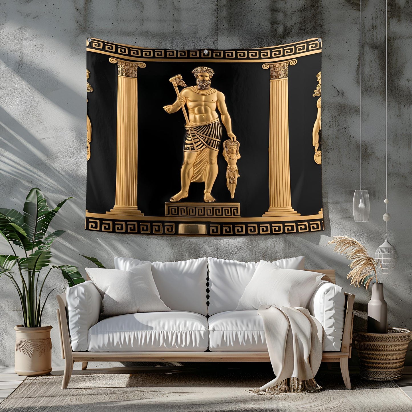 Ancient Greek Tapestry with Meander Motifs, Ionic Columns, Zeus & Athena Figures, Golden Details on Black Ceramic-Style Background