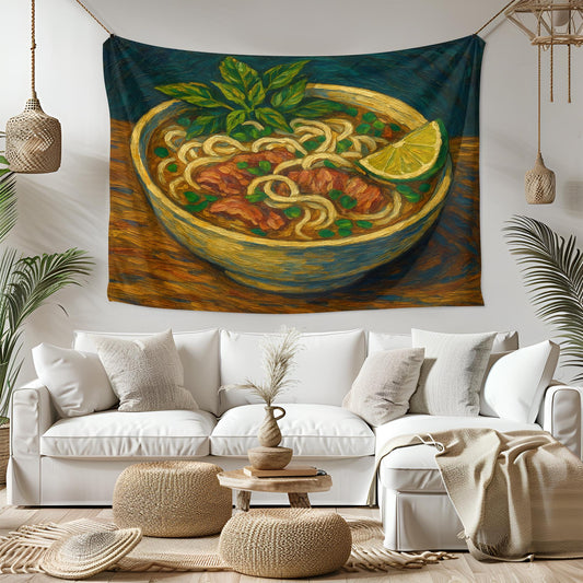 Vietnamese Pho Noodle Soup Wall Tapestry, Hand-Painted Style Food Art with Lime and Herbs, Cozy Kitchen or Dining Room Asian Cuisine Decor
